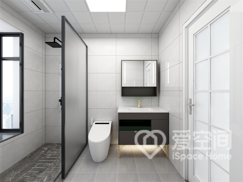 白色砖面给人柔和宁静的感觉，卫生间定制悬空式洗手柜，呈现出一种高级而温馨的角落效果。