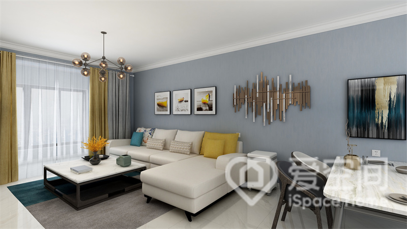 客厅配色温和雅致，融入现代家具后给人一种从容惬意的生活气息，亮色软装提升了空间的年轻感。