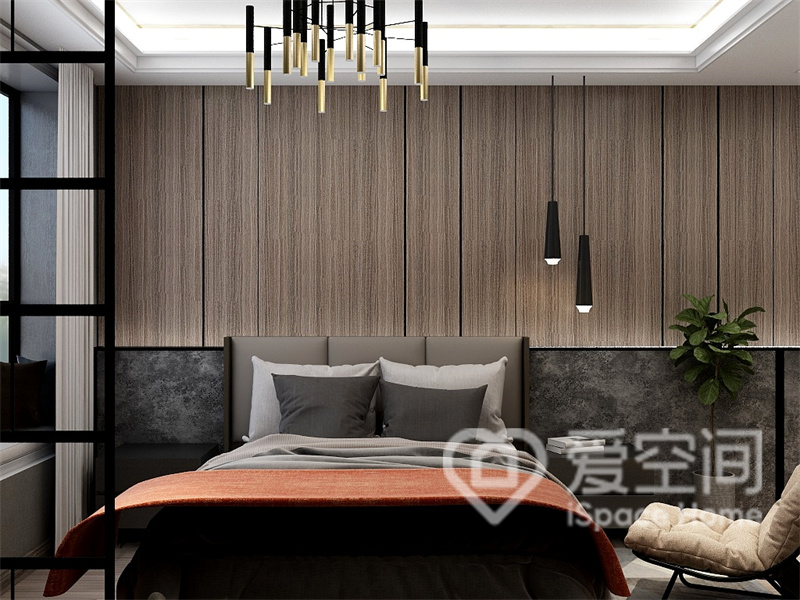 主卧墙面充满线条感，一定程度上拉升了空间的层高，设计师运用橘色、浅灰色来映衬空间的舒适性。