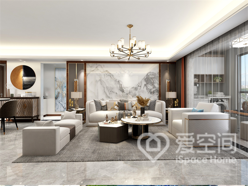 客厅剔除了繁琐的元素，背景墙没有过分的装饰，家具从功能出发，设计师用直接的装饰来体现现代氛围。