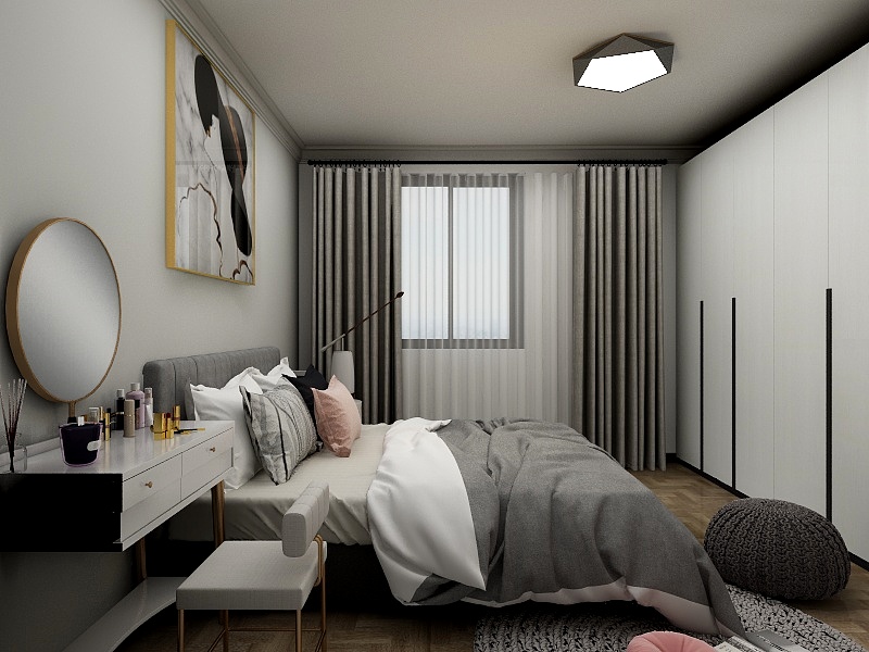 主卧采用高级灰为主色调，配以白色层层渐进不断推进，暖色软装中和了卧室空间的生硬感。
