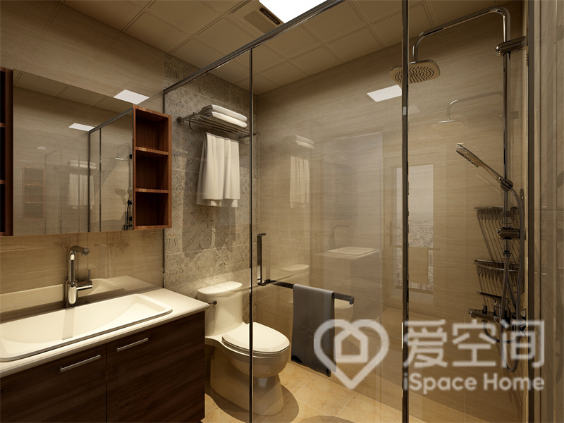 卫生间以米色墙面为主，在空间中注入干湿分离后使整个空间更具层次感和时尚感，温雅而舒适。