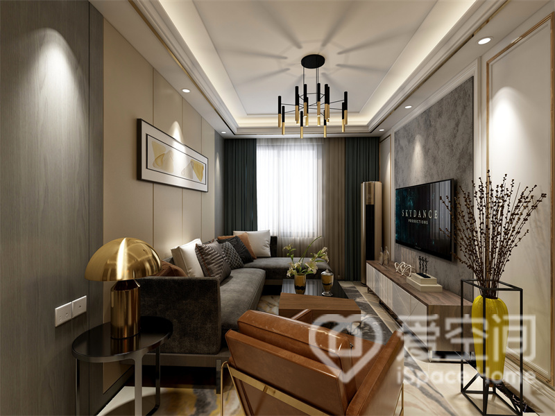 灰色是客厅的主要色调设计，优雅的家具给人一种安静祥和的氛围，营造出现代风格的时尚静谧感。