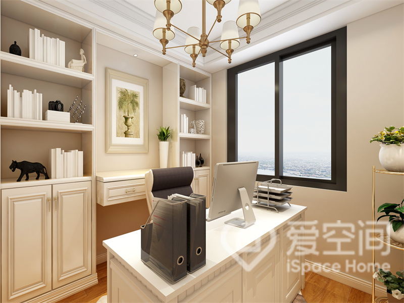 书房空间温馨典雅，设计师运用现代材质并搭配米白两种颜色，营造出具有质感的办公空间。