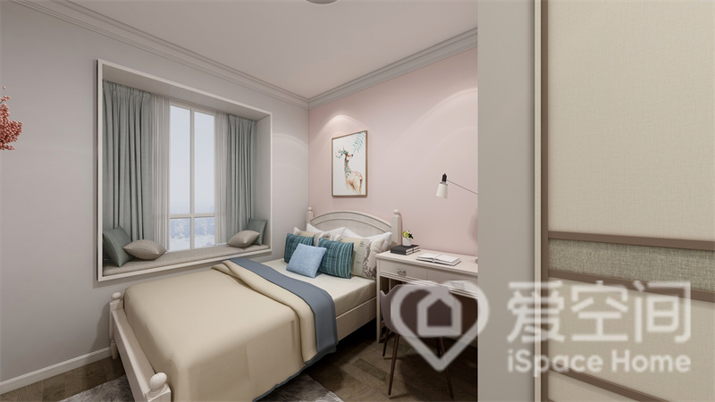 粉色的次卧空间简洁通透，干净纯粹的颜色以及简雅舒适的家具，勾勒着生活的品味，空间显得浪漫温馨。
