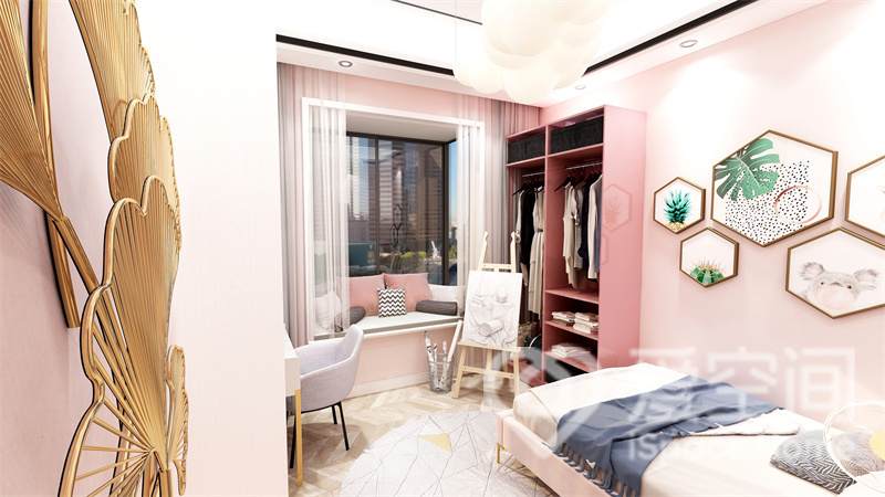 儿童房格局不大，通过大面积的粉色渲染，增添了室内的浪漫情绪，飘窗的设计打造出空间的休闲区。