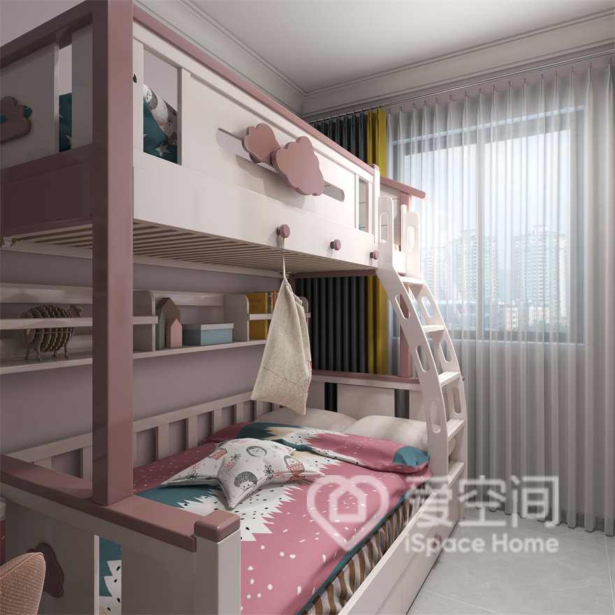 儿童房选用了高低床，节约了更多的空间面积，粉色与白色搭配，空间明亮又舒适，好不快活惬意。