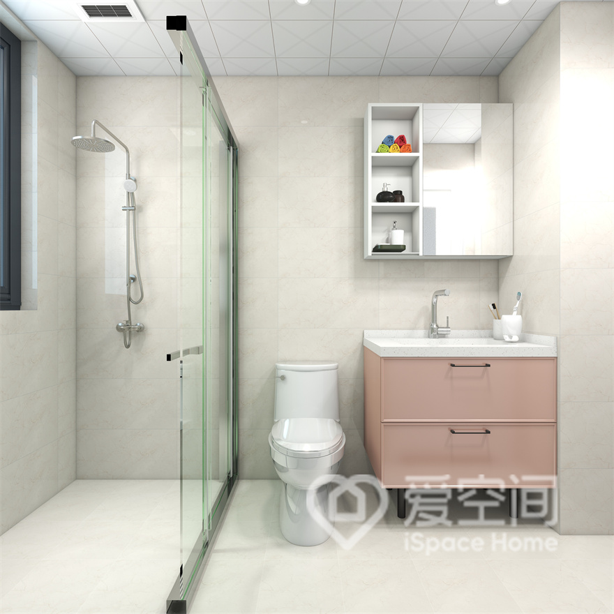 卫生间布局简单且实用，干湿分离提高了使用效率，粉色的洗手台和白色镜柜增加了空间的储物功能。