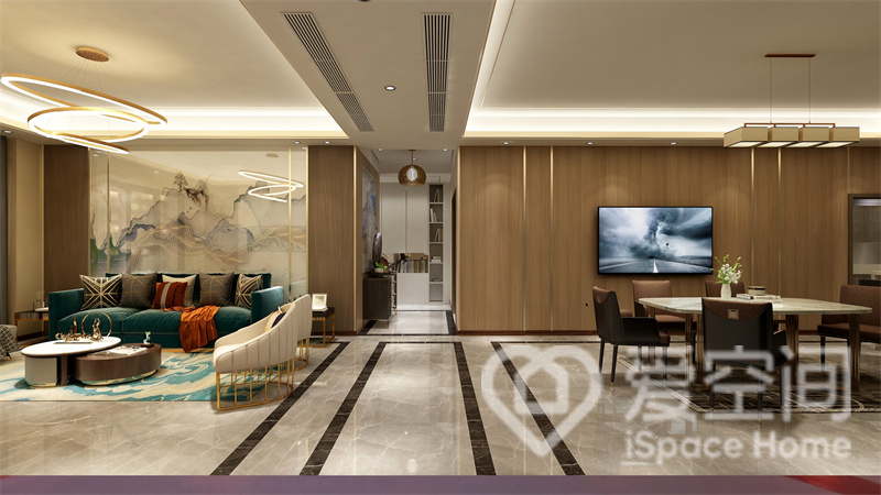 餐厅与客厅通过走廊进行划分，全屋简洁自然，家具具有人性化的特点，动线规划舒适。