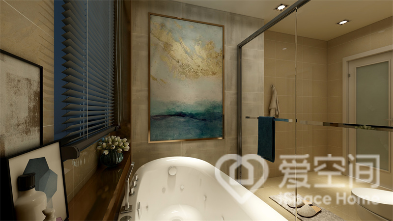 卫生间做了干湿分离设计，符合当下潮流，设计师关注个性化需求，在空间中放置了浴缸，给人带来家的舒适感。