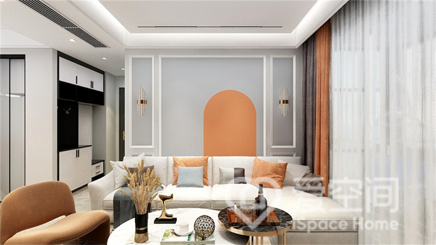 客厅采用简约的设计风格，以蓝白色调为主，布艺以干净利落的沙发和亮色软装，呈现出宁静雅致的氛围。