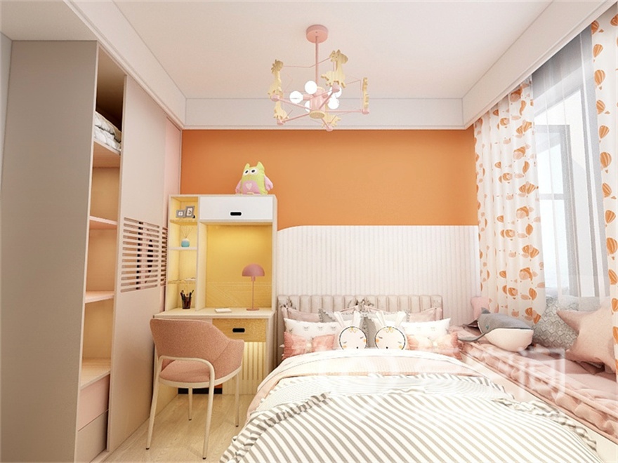 儿童房采用简洁的家具布置，白色空间中配以明亮的软装，整体灵动活跃，给人一种视觉享受。