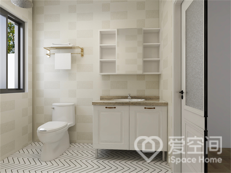 卫生间的设计搭配没有过多的布置，白色洁具凸显出舒适感，米色背景营造出静谧柔和的空间氛围。