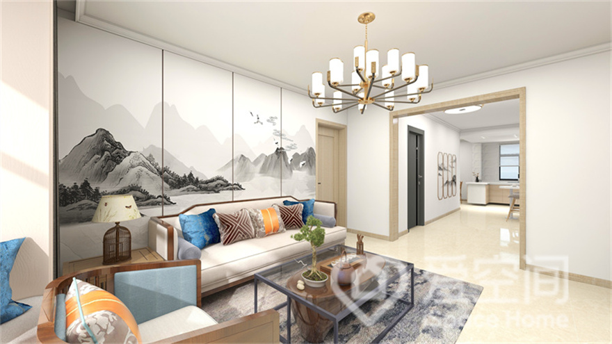 客厅采用山水画作为背景，沉稳温雅，新中式家具富有质感，光影细节的映射带来素雅朴质的视觉体验。
