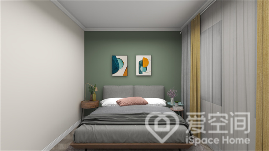 次卧空间的设计非常简单，主要特点在于配色，绿色、灰色、黄色相互碰撞，塑造出时尚的空间感。