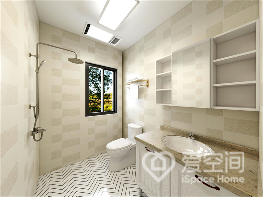 卫生间面积紧凑，设计师采用简约风格来设计，米色的墙面或许会有些单调，加入收纳柜后立体感有所增强。