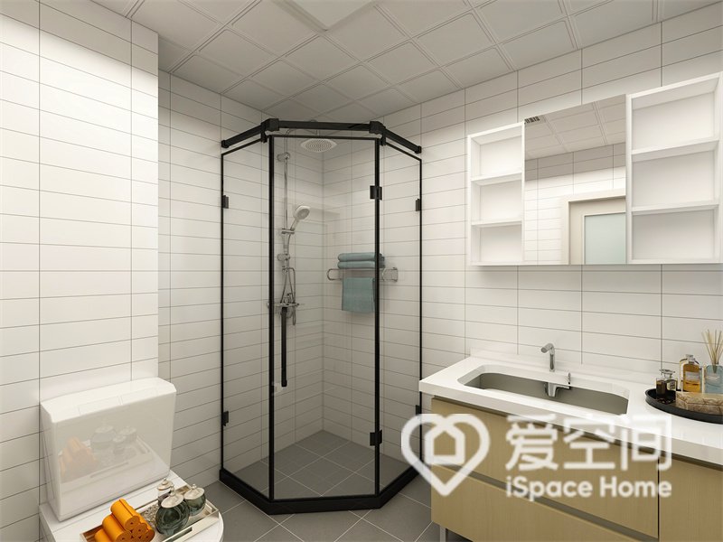 卫生间的设计很简单，室内充满了线条感，空间做了干湿分离，提升了空间的明亮感，也方便日常使用。