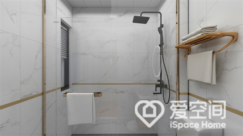 卫生间的设计更为简洁，整体以白色为主，干湿分离凸显出现代化设计，金属勾勒出精致的空间氛围。