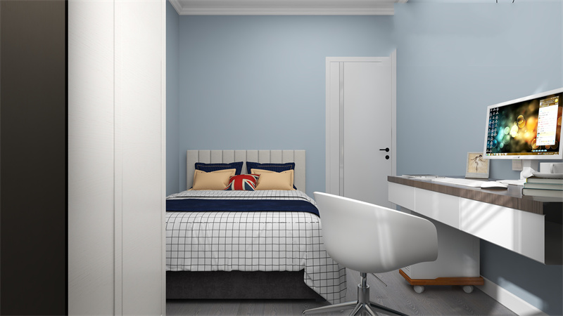 蓝色背景为次卧空间带来了温度，细细品味空间的每一处材质，都能感受到业主的生活品味。