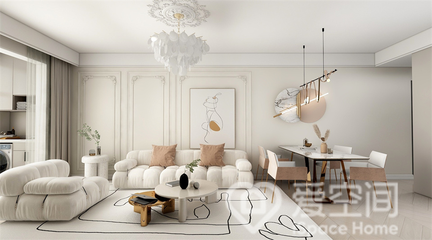 沙发选用L造型，简洁的设计更好的释放了空间，餐厅位于客厅一侧，家具配色与客厅和谐统一，空间洋溢着一种不加雕饰的美感。