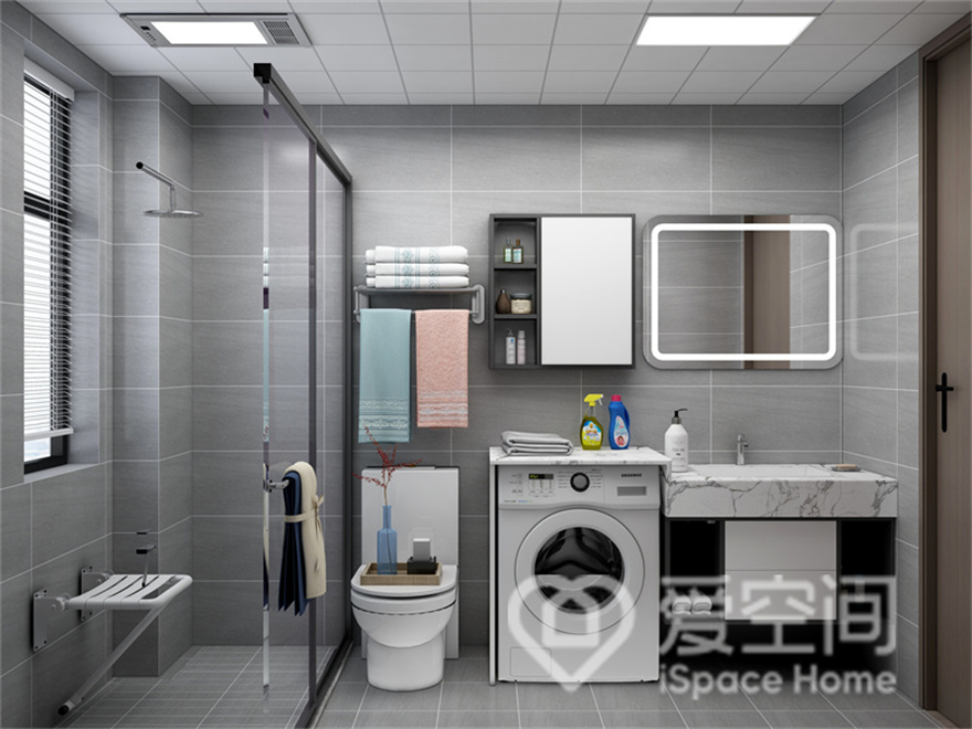 自然光线引入室内，让卫浴空间更加通透轻盈，灰色空间中搭配简洁的家具，塑造出现代质感。