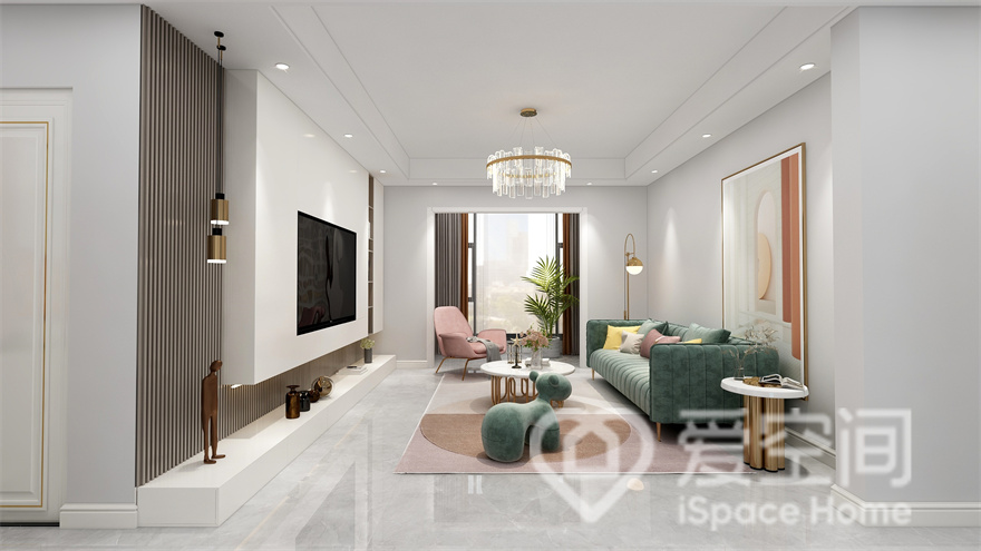 整个客厅空间以白色为主，细节部处理经过慎重的推敲，家具造型简洁细致，配色温馨而典雅。