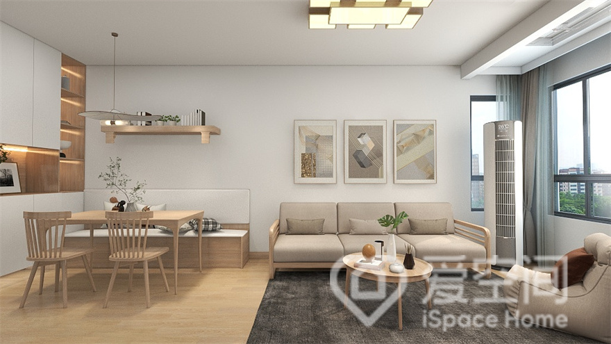 客厅与餐厅一体化设计，背景墙为白色，搭配灰木色家具空间更显高级感，卡座的设计功能性与美观性兼具。