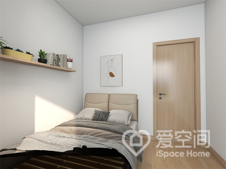 在次卧空间里设计师充分利用每一个角落，为了满足收纳需求，在墙面上增加了隔台，无形中提高了层次感。