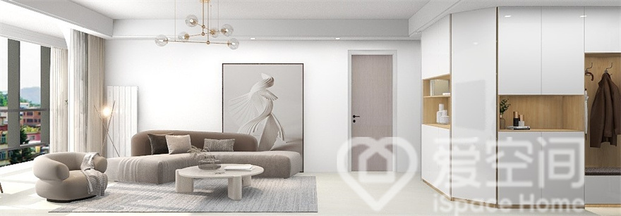 客厅空间从材质到配色都十分讲究，白色背景给人宽敞明亮的视觉冲击，沙发放置在其中，毫无一丝违和感。