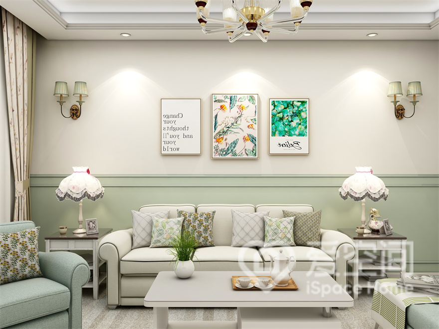 客厅配色温馨文艺，设计师选用低饱和度的白色作为空间的主色调，薄荷绿的融入打造出具有美感与舒适感的空间氛围。