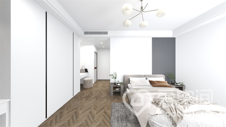 主卧的设计别具一格，白色与灰色涂料拼接设计，为简洁的卧室增添了一丝轻松活跃的气氛。
