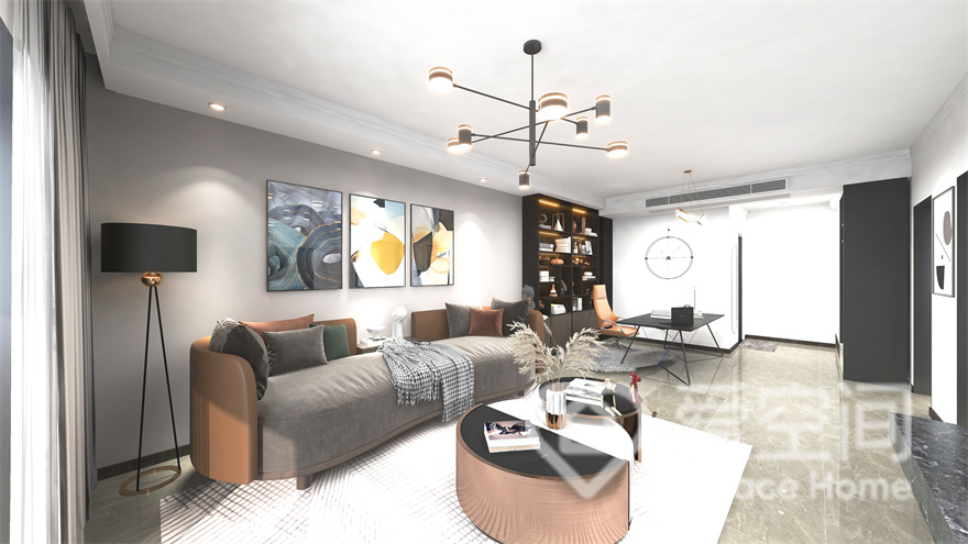 温润的大理石地板赋予了客厅空间温暖的基调，从家具到背景墙再到软装，呈现出纯净的空间氛围。