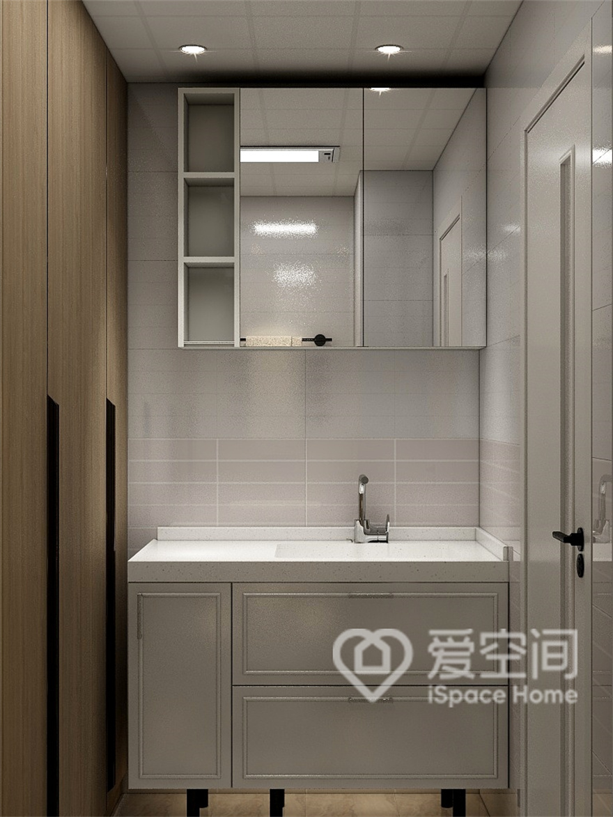 卫生间没有复杂多余的装饰色，主要以白色为主，洗手台外移设计，增加了淋浴间的使用面积。