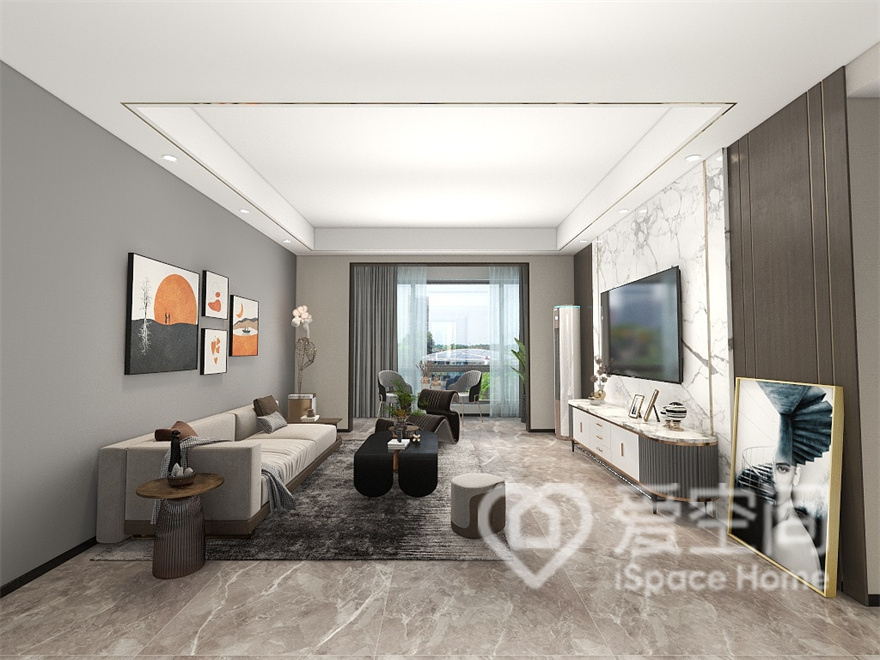 米灰色沙发搭配黑色茶几，灰色背景搭配橙色装饰画，客厅亮点十足，无吊顶的设计达到了意向不到的效果。