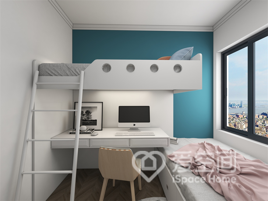 次卧选用高低床设计，层次分明，结构简单，不仅满足了业主家庭的居住需求，动线的合理规划下也提升了空间的利用率。