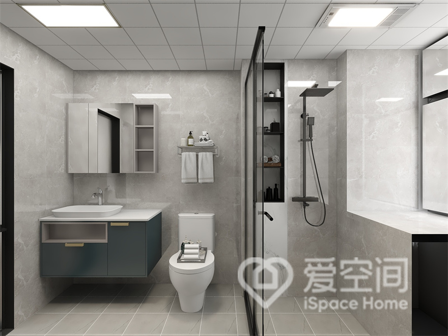 卫生间运用多种材质营造丰富的空间情绪，干湿分离设计令生活变得更加有序，方便家庭使用。