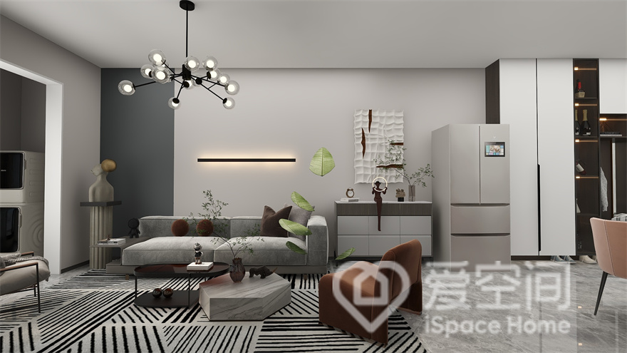 客廳圍繞北歐為主題，家具去繁化簡，在保證基本功能基礎之余，利用燈光的渲染增加了室內的都市氛圍感。