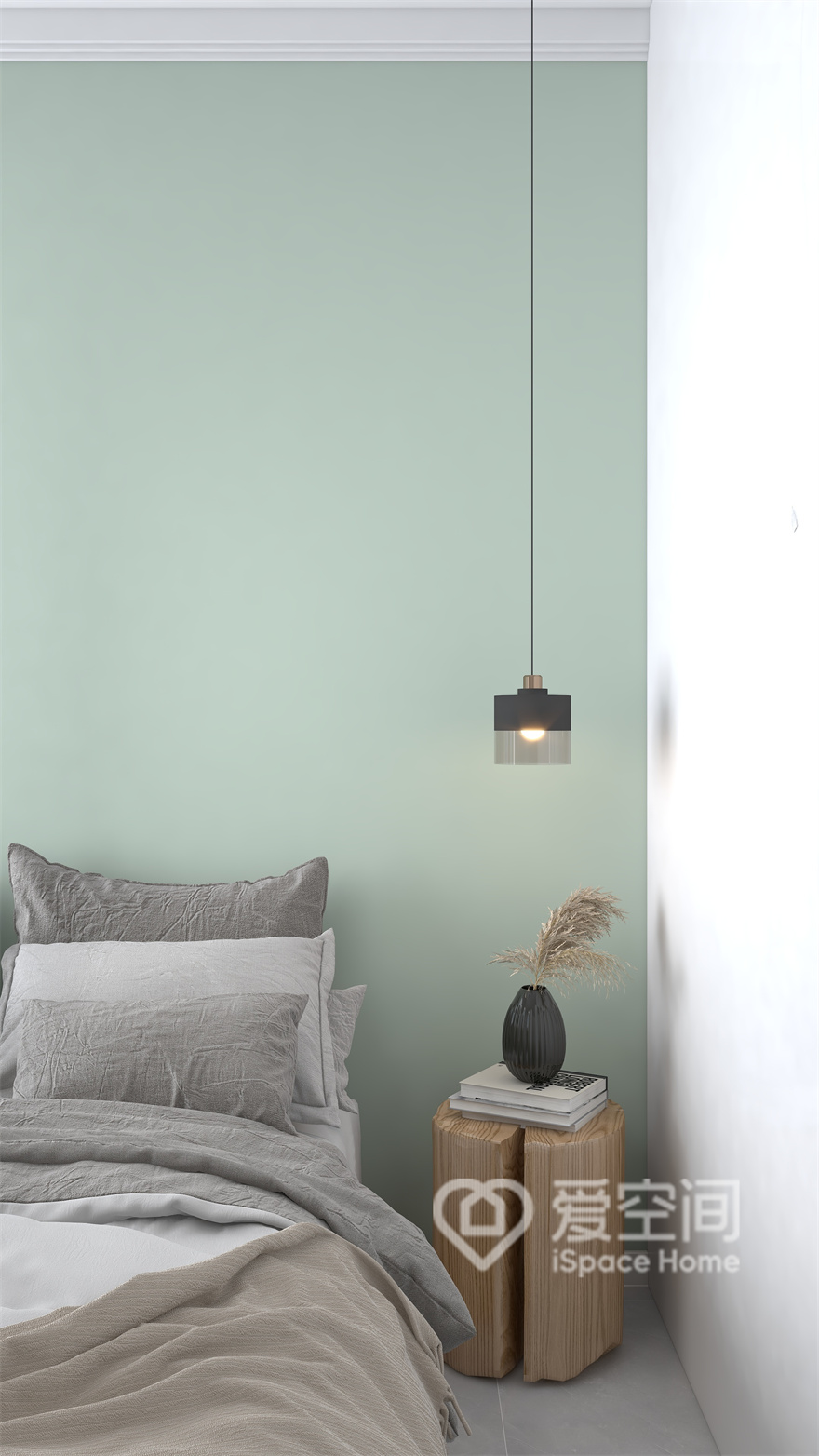 薄荷绿的背景墙令主卧显得清新自在，在灰白色床品、垂钓灯具的烘托下，卧室显稳重质朴，意蕴悠长。
