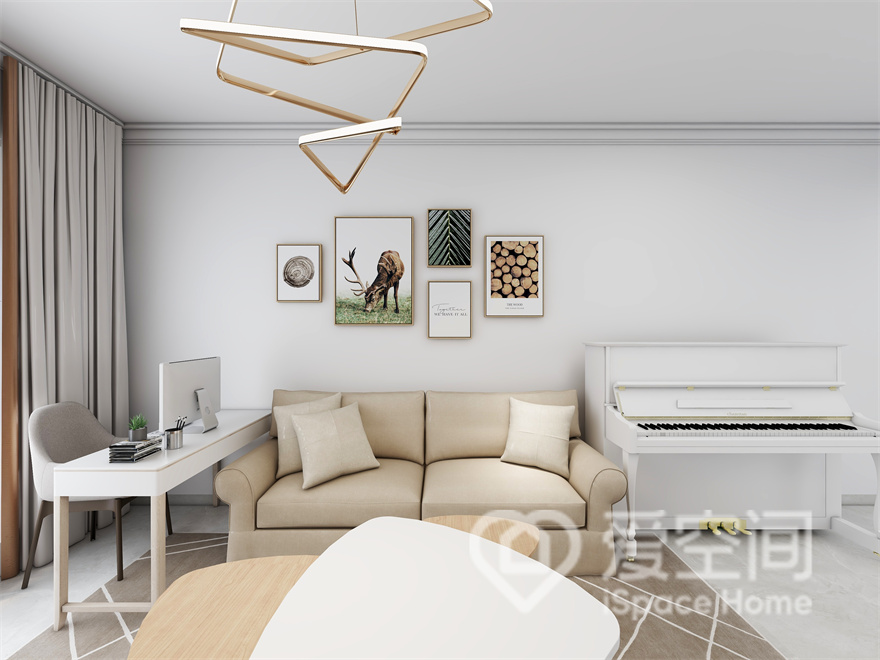 白色背景墙带来特殊的宁静感，米色沙发让温馨成为客厅的一部分，办公区、休息区、练琴区一字布局，动线流畅。