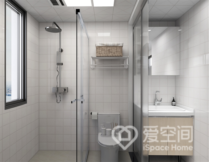 卫生间以白色为基调，三式干湿分离增加了空间的层次感，呈现出有序、整洁的生活追求。